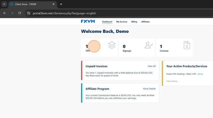 fxvm client area, fxvm dashboard